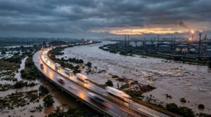 Swollen river in flood running alongside a fuel storage depot, illustrating flood risk to South African fuel and cold chain infrastructure